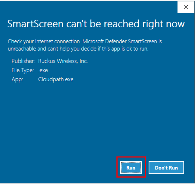 Screenshot to click run when SmartScreen can't be reached